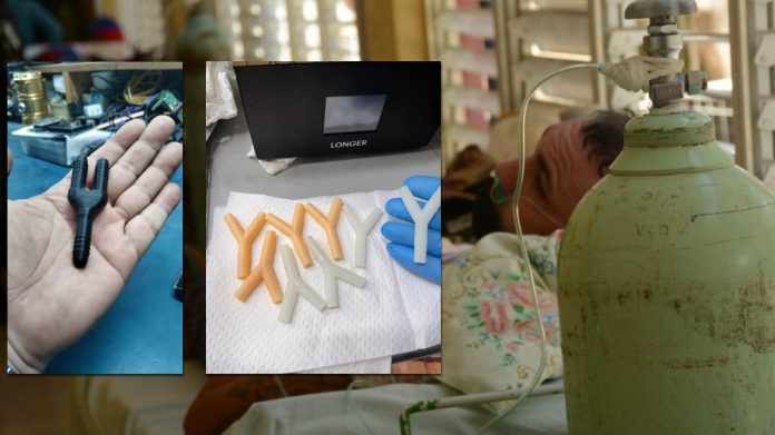 Emprendedores cubanos crean con impresoras 3D pequeños divisores que permiten compartir entre dos pacientes un mismo tanque de oxígeno en los hospitales, en medio de la crisis por la pandemia
