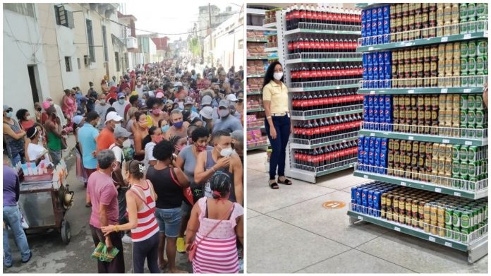 Larga cola en la reapertura de mercado en Cuatro Caminos, ahora con sus estantes llenos de productos en dólares